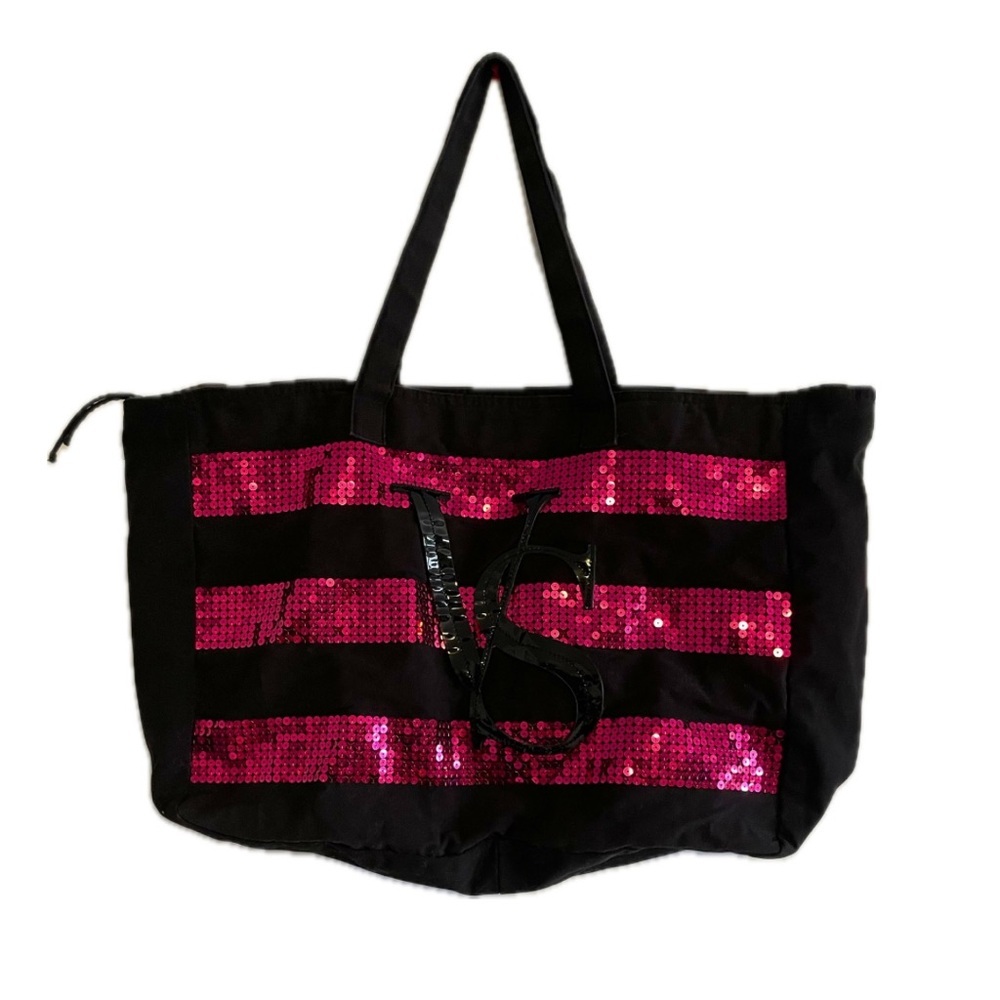 Victoria's Secret Black and Hot Pink Sequin Tote Bag